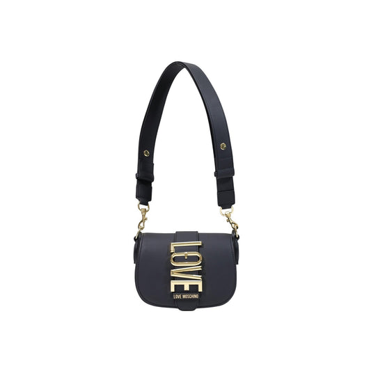 Borsa Love Moschino donna nera a sella modello JC4087PP. Borsetta a tracolla con patta nera, ampia tracolla sportiva/chic regolabile e maxi scritta LOVE in metallo oro sul davanti, stile glamour, moderno e da giorno o sera.