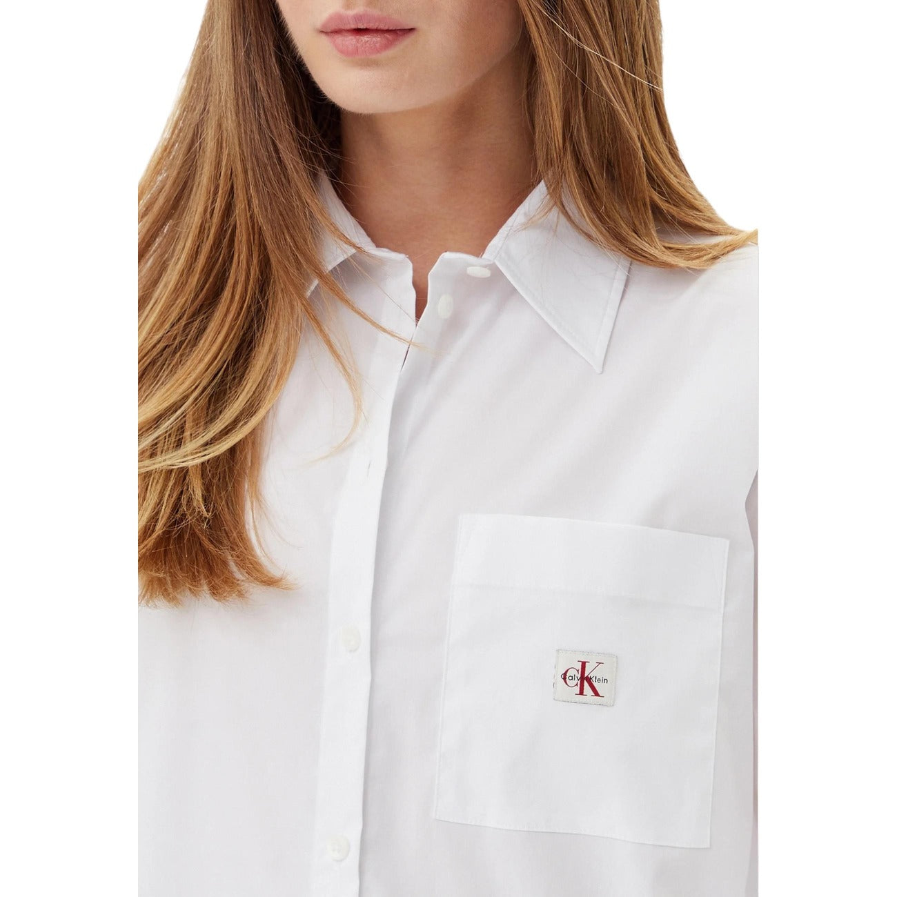 Calvin Klein Jeans Camicia Donna Bianco Bottoni Manica Lunga Scollo Tondo Tasca Cotone Elastan Autunno Inverno LV047C143G