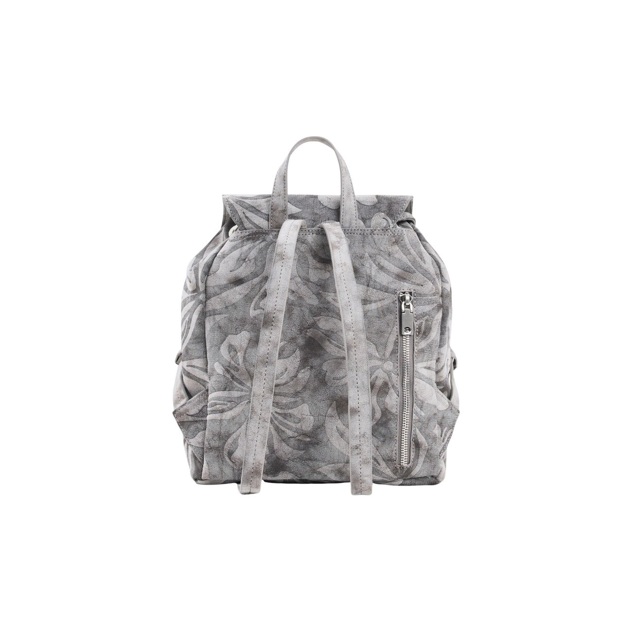 Zainetto Effetto Denim Floreale PE26; coulisse, manico arricciato rimovibile, scomparto zip, materiali sostenibili. Il tocco artistico per il tuo outfit. Vista posteriore 