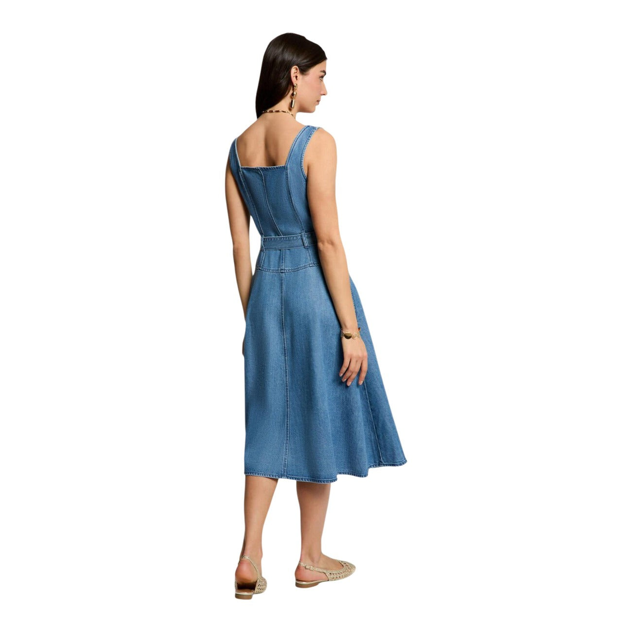 Vestito Lungo Morgan De Toi Rablai; Blu, 70% Lyocell e 30% Cotone. Chiusura con bottoni, cintura con fibbia, linea svasata. Leggero, traspirante e chic. Stile Primavera/Estate. Vista posteriore 