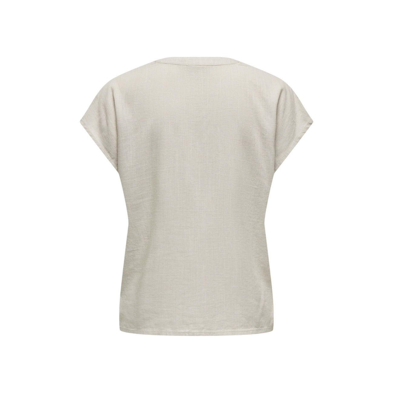 Blusa JDY Jdycaya Lion; Misto Lino e Viscosa. Maniche corte, scollo a V con micro-spacco, vestibilità rilassata. Tessuto naturale traspirante, stile casual raffinato, ideale per il caldo. Colore beige/grigio. Vista posteriore stesa 