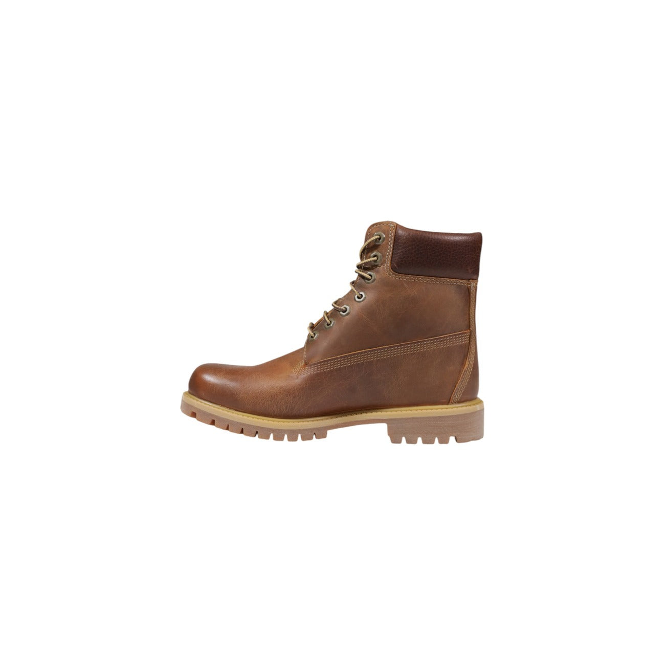 Stivaletto impermeabile da uomo Timberland Premium 6-Inch codice TB127094214 di colore giallo marroncino Wheat. Modello anfibio in pregiata pelle impermeabile con collo imbottito in pelle marrone scuro, lacci stringati e suola carrarmato.