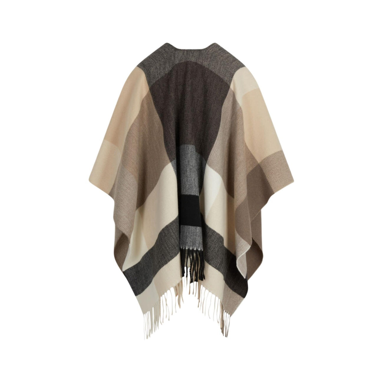 Poncho beige a quadri donna Morgan De Toi 261-5CLAC. Mantella corta smanicata con motivo geometrico tartan in poliestere e viscosa con scollo aperto e frange bohémien.