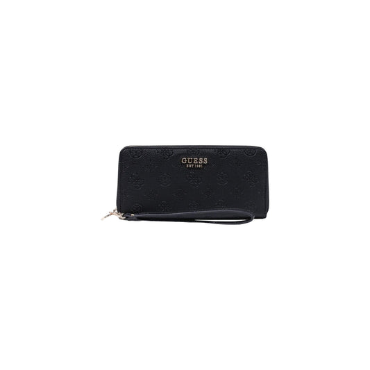 Portafoglio Guess donna nero grande modello SWPD97 46146. Portafogli rettangolare con cerniera perimetrale in ecopelle nera logata in rilievo, dotato di scomparti interni per carte e monete, logo dorato e laccetto da polso, stile elegante.