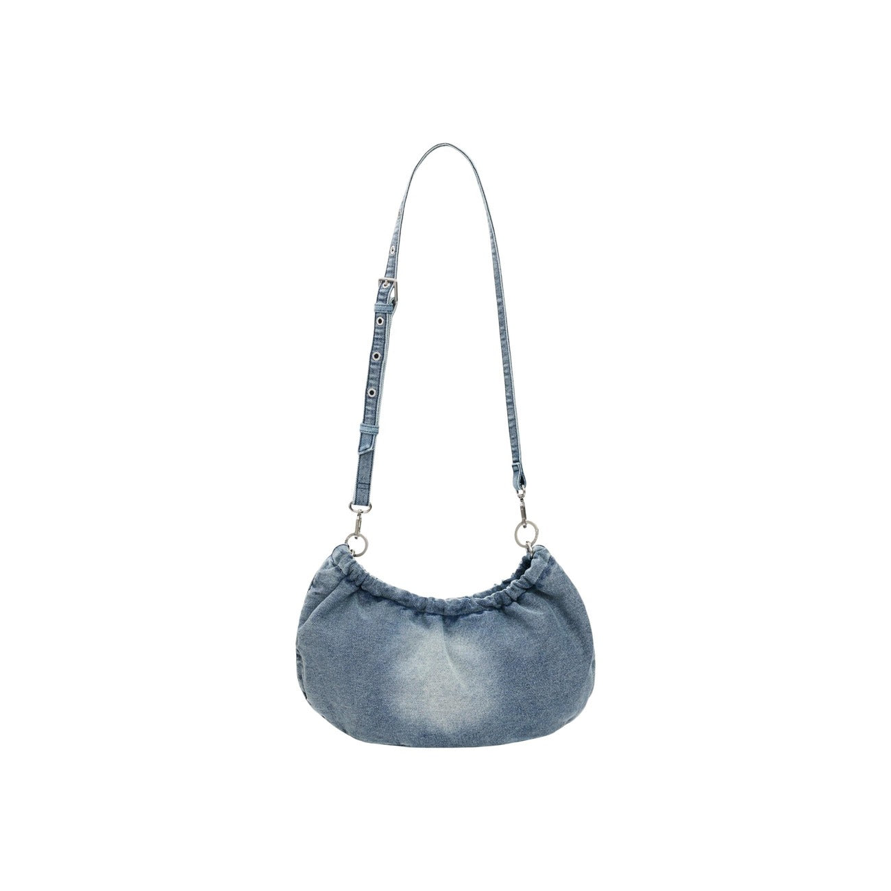 Borsa ovale in denim Desigual; manico trekking, tracolle intercambiabili, charm portacarte removibile, logo inciso. Design convertibile SS26. Vista posteriore 