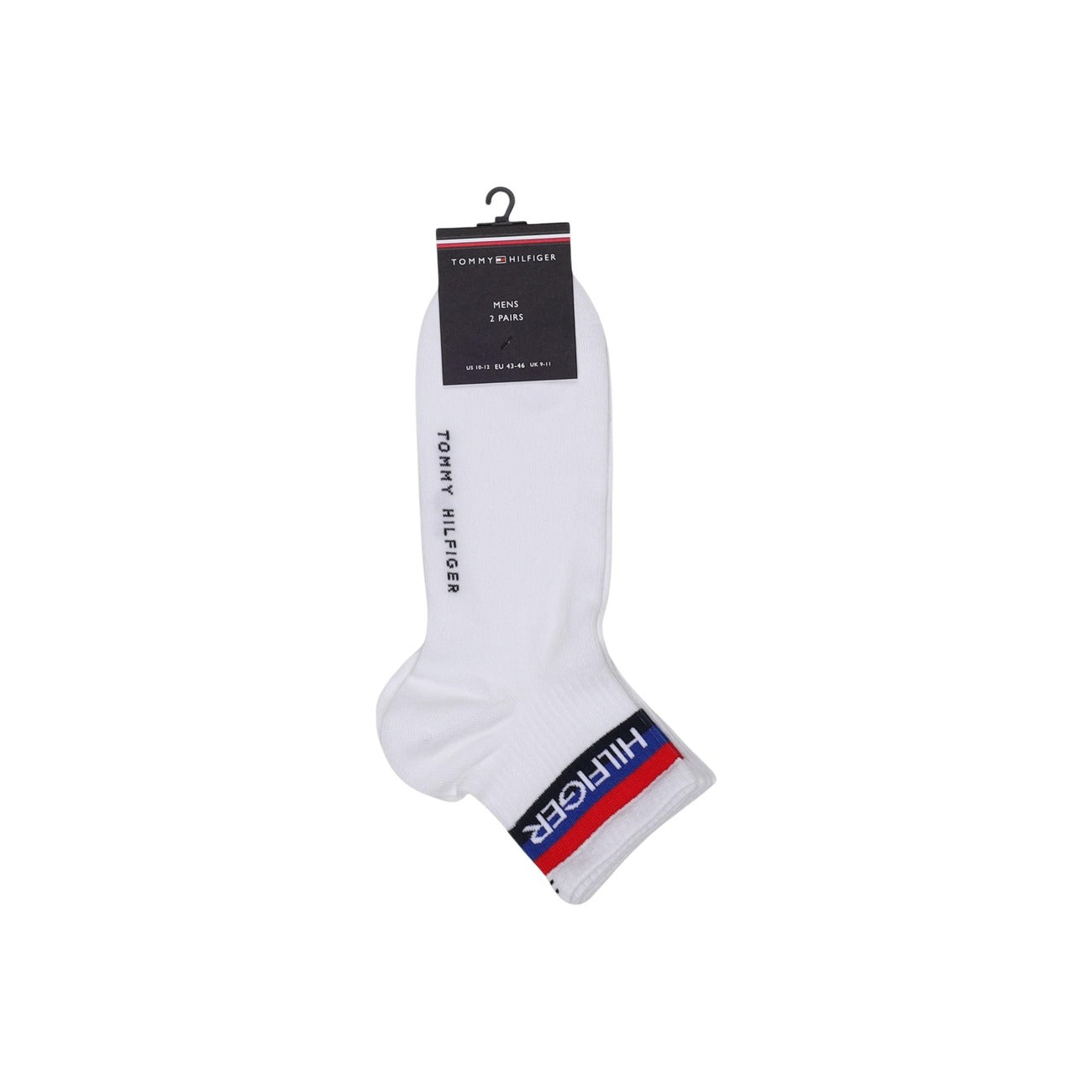 Calzini bianchi Tommy Hilfiger TH Men Quarter 2P Sport, misto cotone traspirante con logo ricamato e scritte distintive; pack da 2 paia con rinforzo su tallone e punta. Vista frontale 