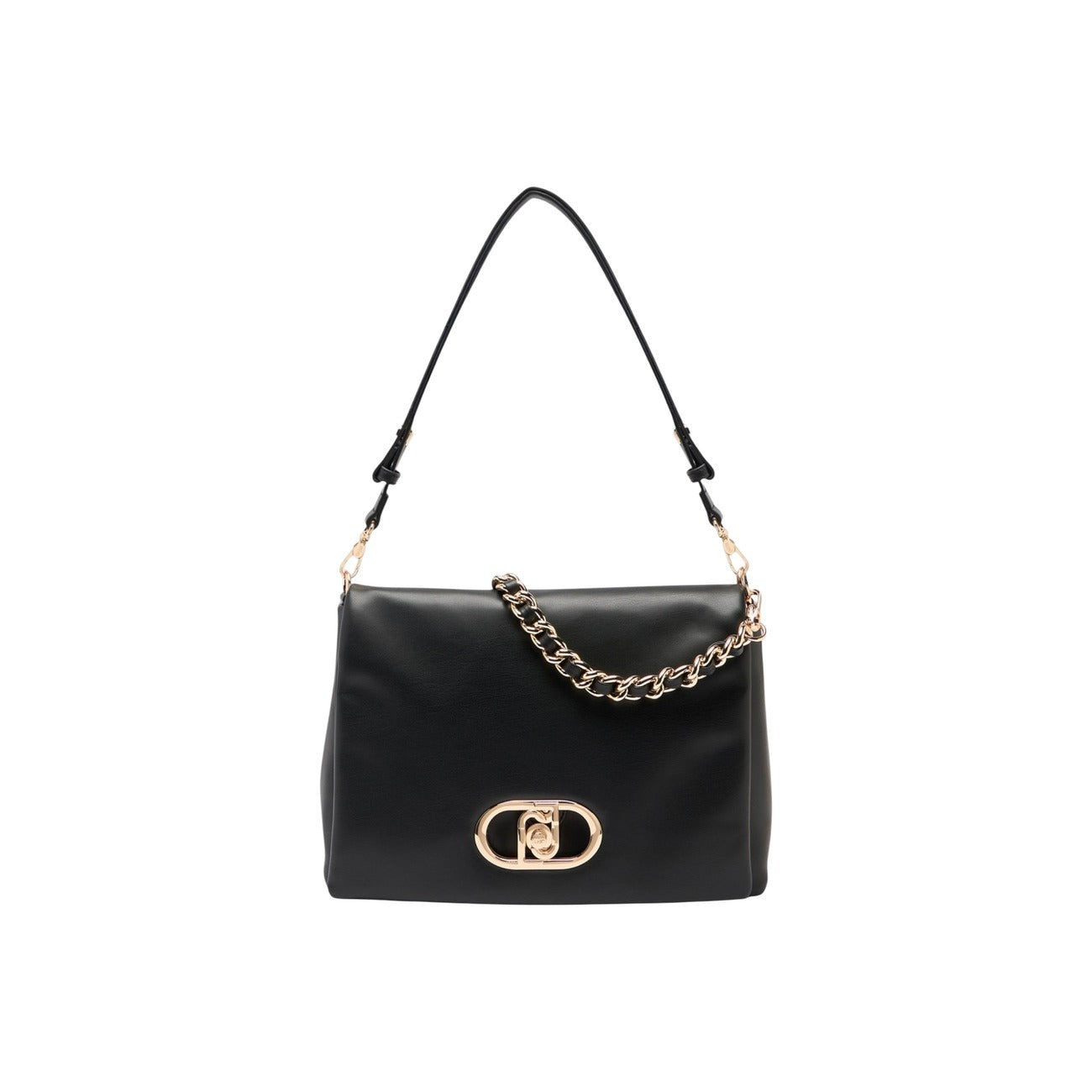 Borsa Liu Jo Nera Grande; 100% Poliuretano ecosostenibile. Effetto nappa, manico con catena, tracolla removibile e chiusura magnetica. Capiente e raffinata, stile Primavera/Estate. Vista frontale 
