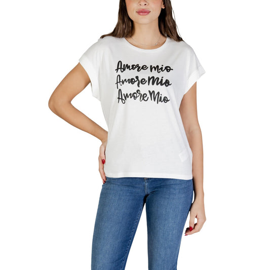 T-shirt Morgan De Toi donna bianca con stampa manica corta scollo tondo 50% cotone 50% modal - vista frontale indossata da modello
