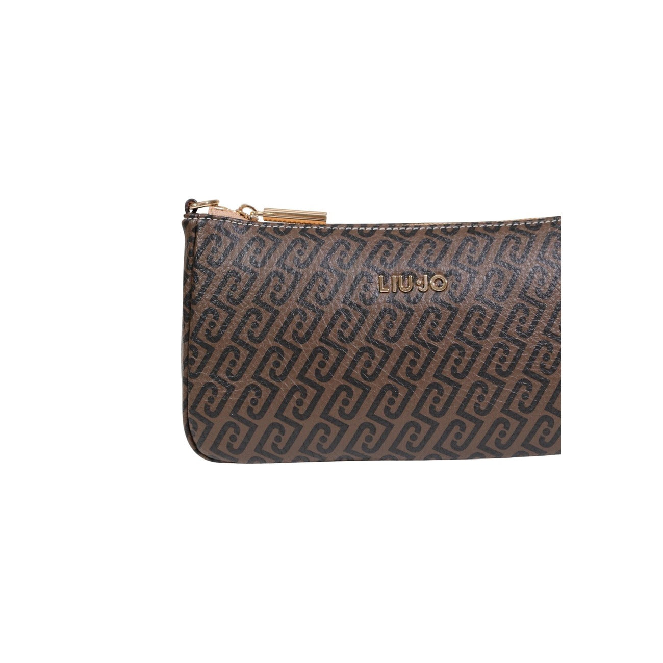 Liu-Jo Minibag Monogram; borsa marrone a bandoliera compatta con logo in rilievo e hardware gold. Stile contemporaneo e praticità firmata Liu-Jo. Vista frontale Dettaglio logo 