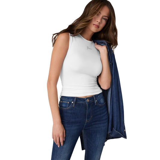 Top bianco donna Guess W6YP17K3881. Canotta top slim fit in tessuto sostenibile modal bianco con girocollo e logo Guess strass.