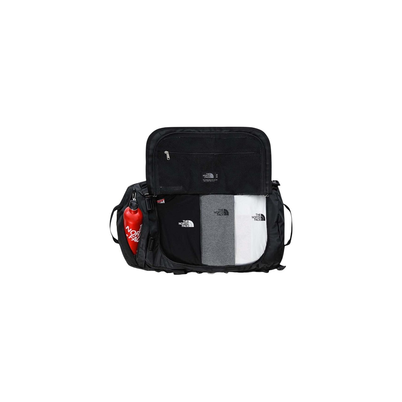 Borsone The North Face Base Camp M; 100% Riciclato. Idrorepellente, convertibile in zaino, cinghie di compressione laterali. Volume 71L, colore nero, stile sportivo 4 stagioni. Vista aperta 