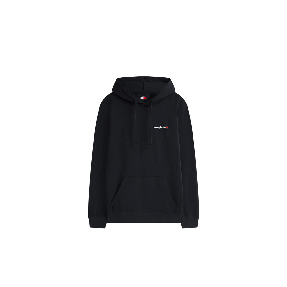 Felpa Tommy Hilfiger Jeans uomo nera con cappuccio DM0DM23393. Felpa sostenibile in cotone rigenerato con tasca a marsupio frontale, coulisse e logo Tommy Jeans sul petto, abbigliamento casual uomo mezza stagione