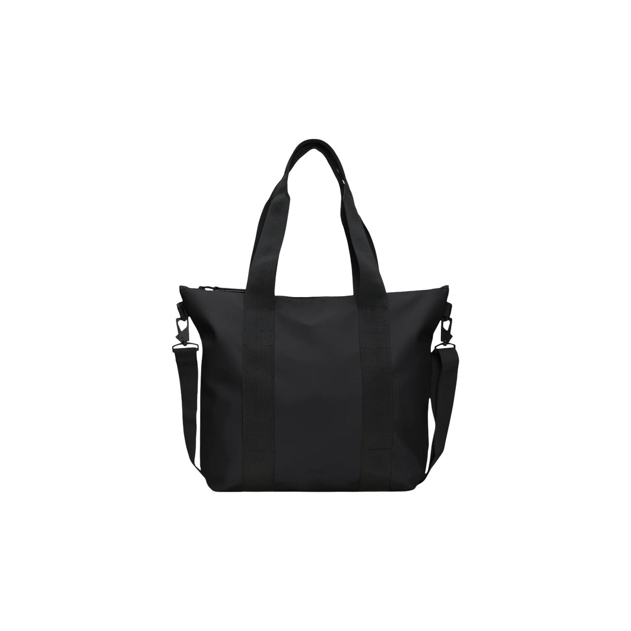 Borsa Rains Tote Bag Mini nera lucida impermeabile 14160. Borsa da donna per shopping, lavoro e pendolari in tessuto PU idrorepellente nero lucido con cerniera, manici lunghi a spalla e tracolla rimovibile, capacità 18,5 litri.