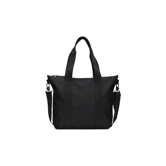 Borsa Rains Tote Bag Mini nera lucida impermeabile 14160. Borsa da donna per shopping, lavoro e pendolari in tessuto PU idrorepellente nero lucido con cerniera, manici lunghi a spalla e tracolla rimovibile, capacità 18,5 litri.