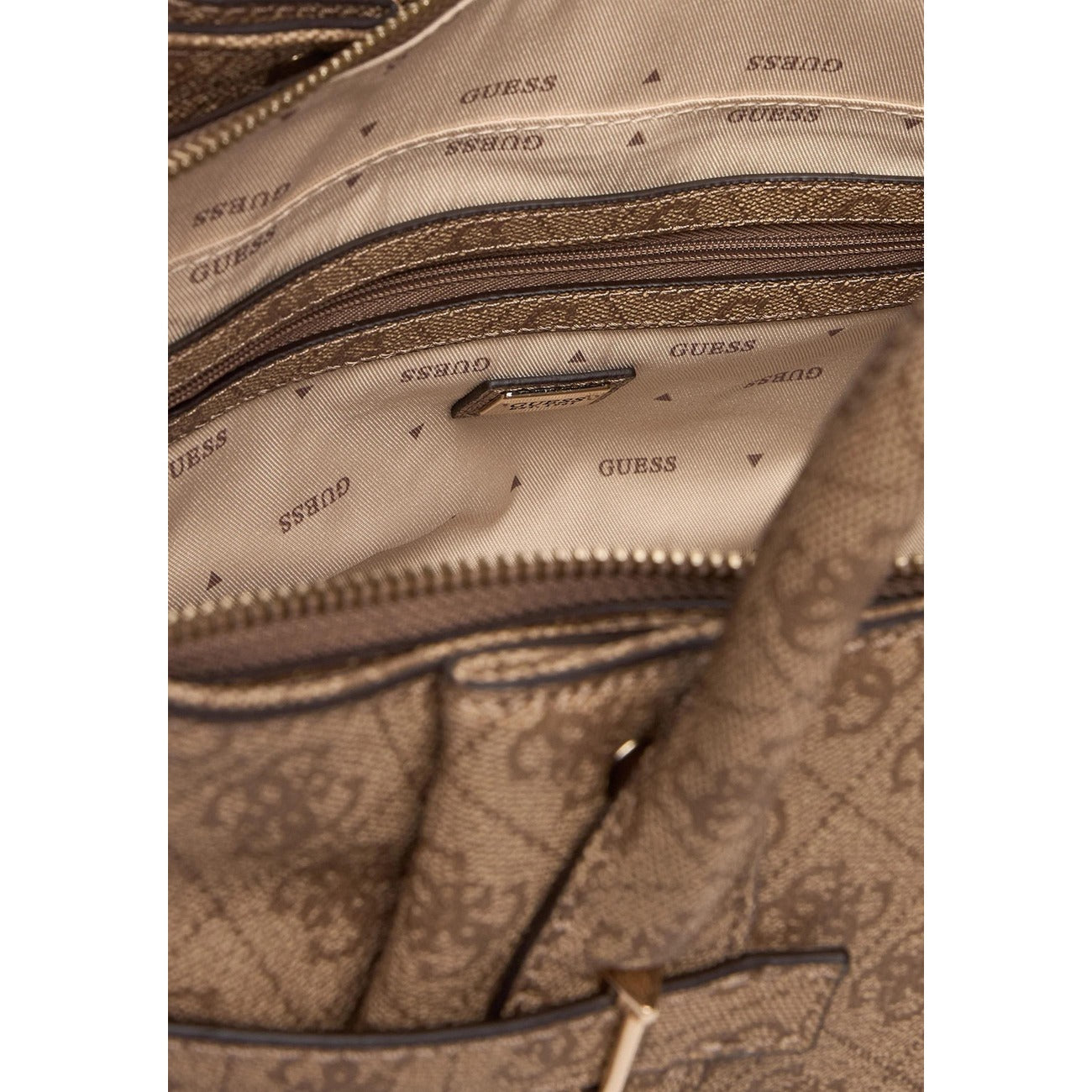 Borsa Guess donna beige - dettaglio cerniera aperta logo e fodera interna
