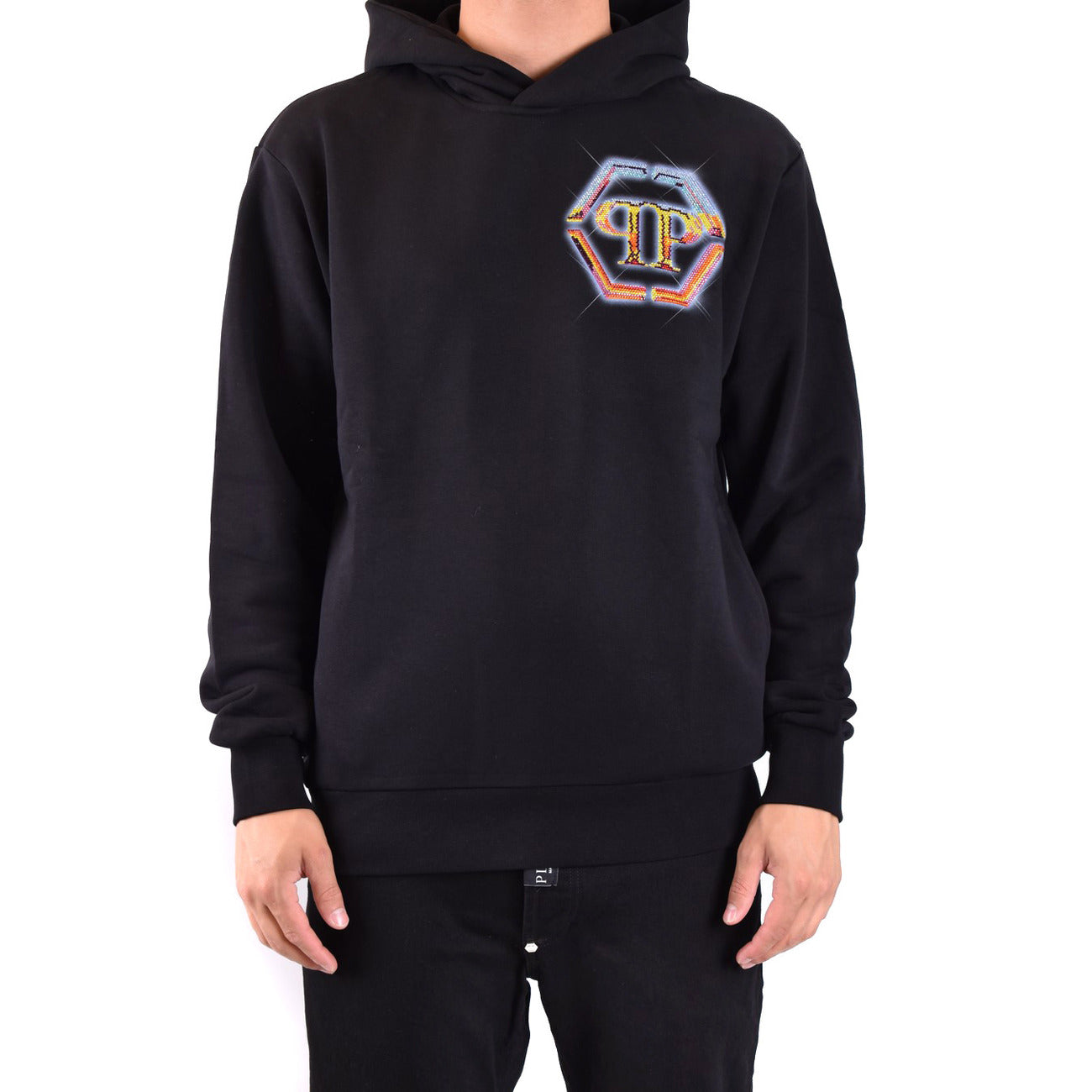 Felpa Philipp Plein Hexagon; Cotone Luxury. Nero, logo esagonale gommato sul petto, cappuccio strutturato. Hoodie uomo di alta moda. Vista frontale