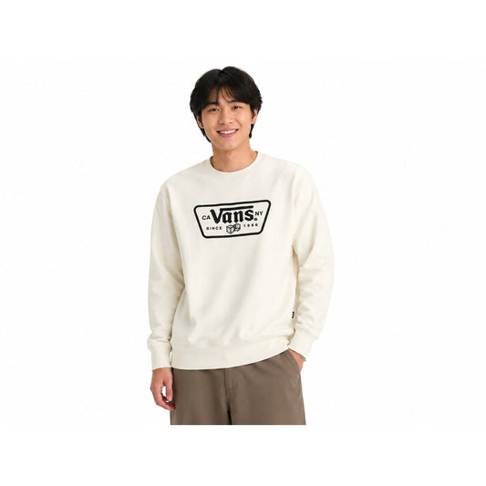 Felpa Girocollo Uomo Bianca Vans Knu Patch; Maglia sportiva senza cappuccio in cotone-poliestere marshmallow con interno in pile. Polsini elastici e stampa logo frontale. Frontale 