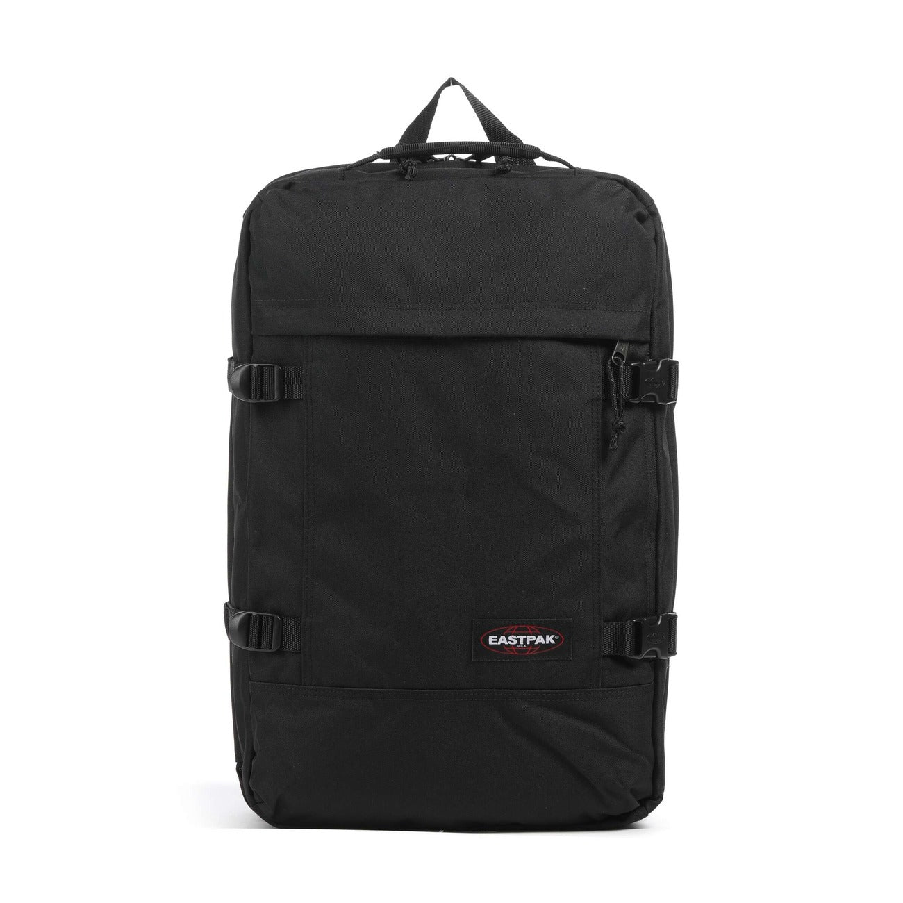 Zaino Borsone nero Eastpak Travelpack; 51x33x23 cm. 100% poliestere idrorepellente, doppio scomparto con zip e tasca laptop 17". Spallacci e manici a scomparsa, ideale come bagaglio a mano