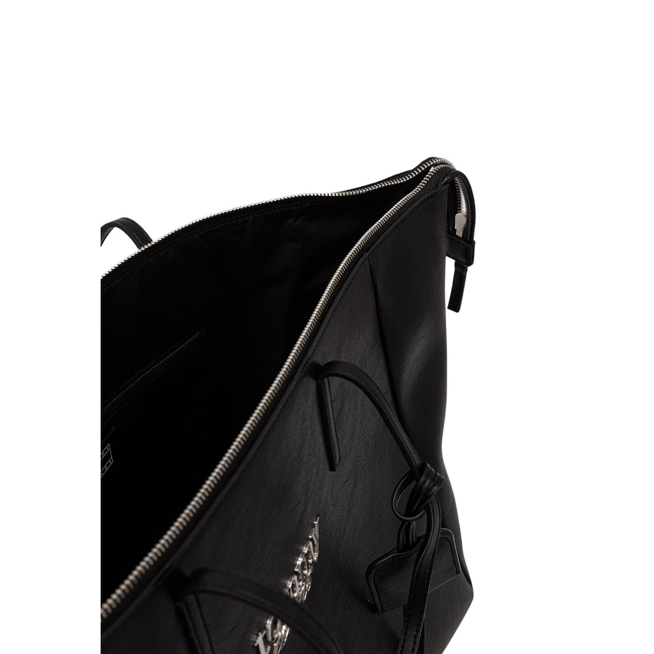 Borsa Shopper Grande Tommy Hilfiger TJW; Nero. 100% Poliuretano effetto pelle, chiusura con zip superiore, doppi manici a spalla, logo ricamato e charm a cuore metallico. Misure maxi e profonde (33,5x30x20 cm). Vista aperta