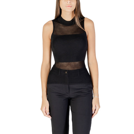 Canotta nera donna Morgan De Toi 252-MJULIE. Top smanicato nero slim fit in viscosa con dettagli a coste e trasparenze sul busto.