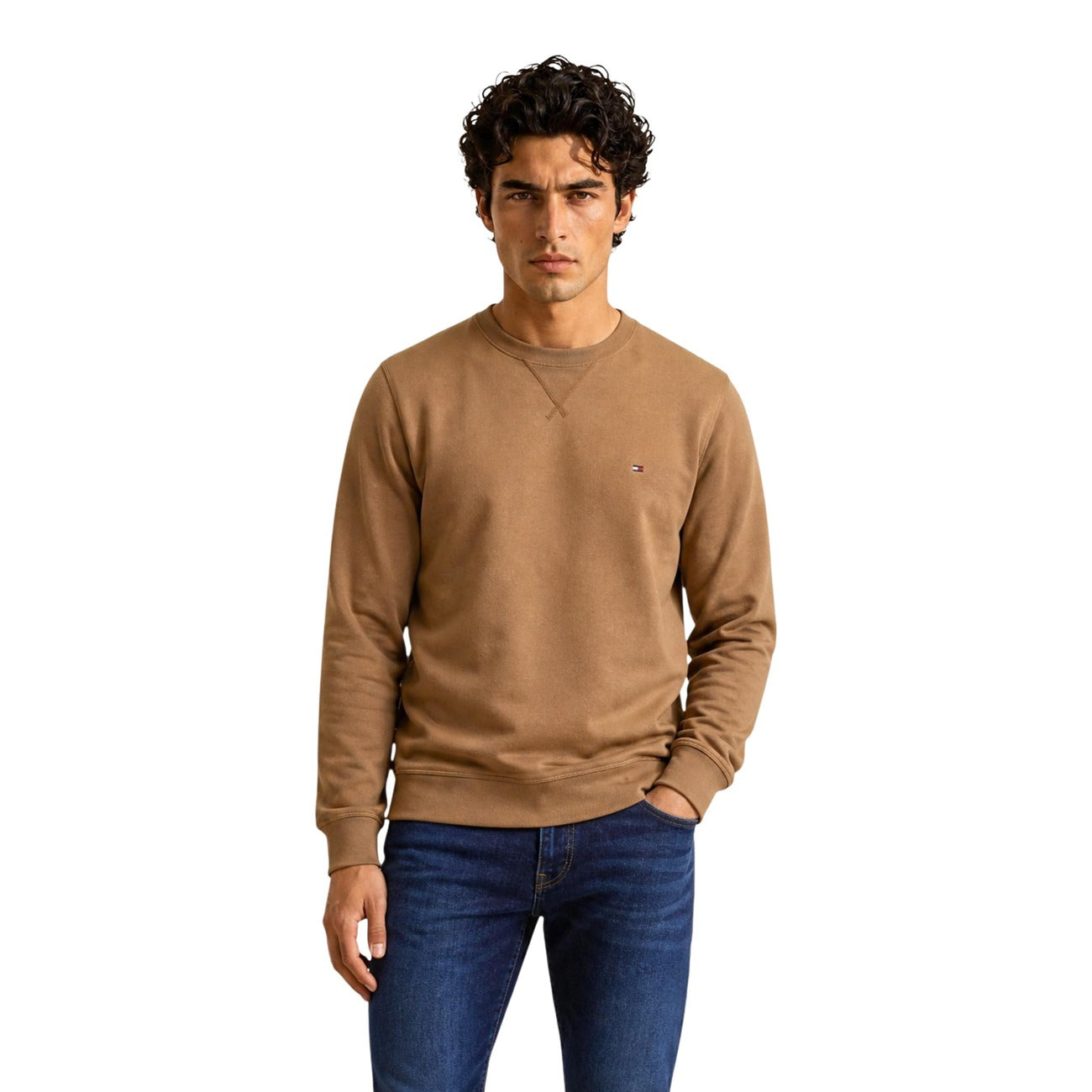 Felpa Tommy Hilfiger uomo girocollo marrone e verde MW0MW40000. Felpa pesante in misto cotone felpato con scollo tondo, finiture a costine e piccolo logo flag Tommy Hilfiger sul petto, abbigliamento casual uomo autunno inverno.