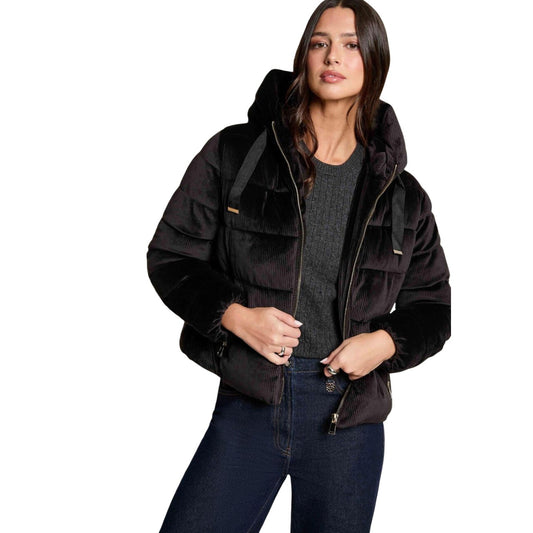 Piumino velluto nero donna Morgan De Toi 262-GLAMI. Giacca imbottita invernale effetto velluto in poliestere ed elastan con cappuccio, cerniera frontale e tasche con zip.