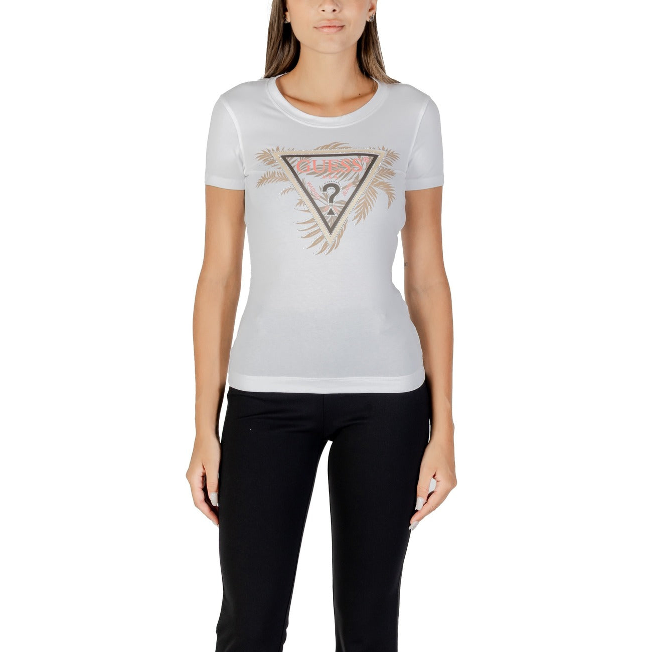 Guess T-Shirt Donna Nera Stampa Manica Corta Scollo Tondo 95% Cotone 5% Elastan Primavera/Estate W5YI13 J1314