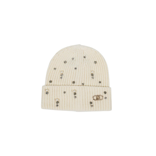Berretto bianco donna Liu Jo 2F5017 M0300. Cappello invernale a coste con risvolto decorato con strass e perline luminose e targhetta logo in metallo.