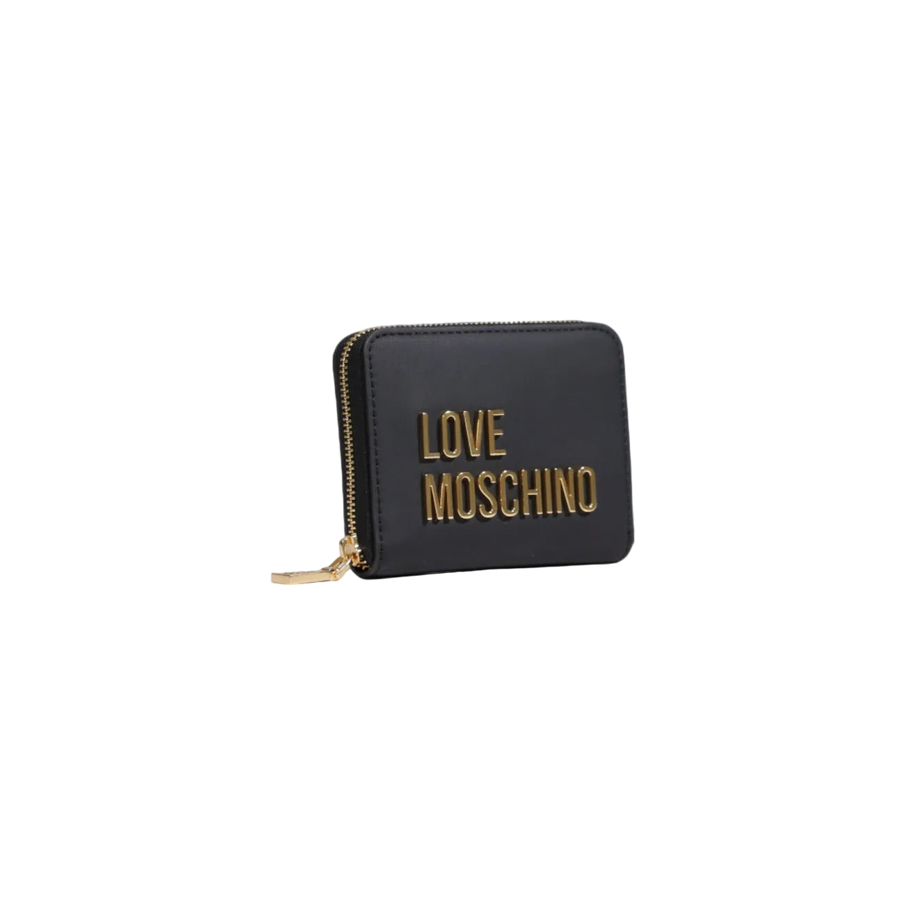 Portafoglio Love Moschino donna nero con logo cuore dorato cerniera zip - vista laterale frontale 
