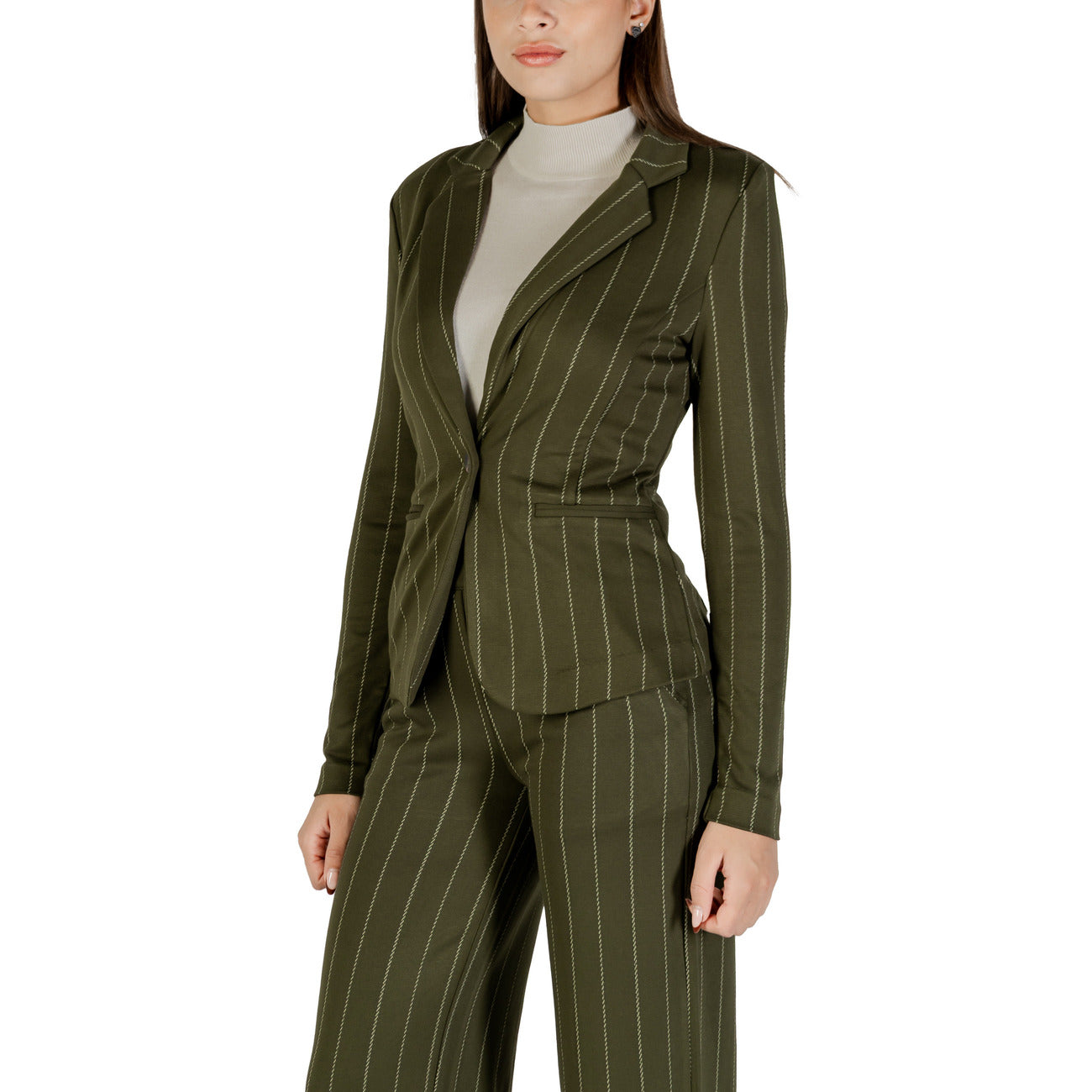 Ichi Giacca Donna Verde a Righe con Bottone Maniche Lunghe Scollo V Profondo - Giacca Viscosa Poliestere Poliammide Elastan