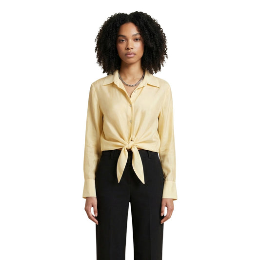 Artigli Camicia gialla Nodo Cotone; camicia a maniche lunghe con nodo frontale e colletto classico. 100% cotone, vestibilità fluida e stile sofisticato. Vista frontale 