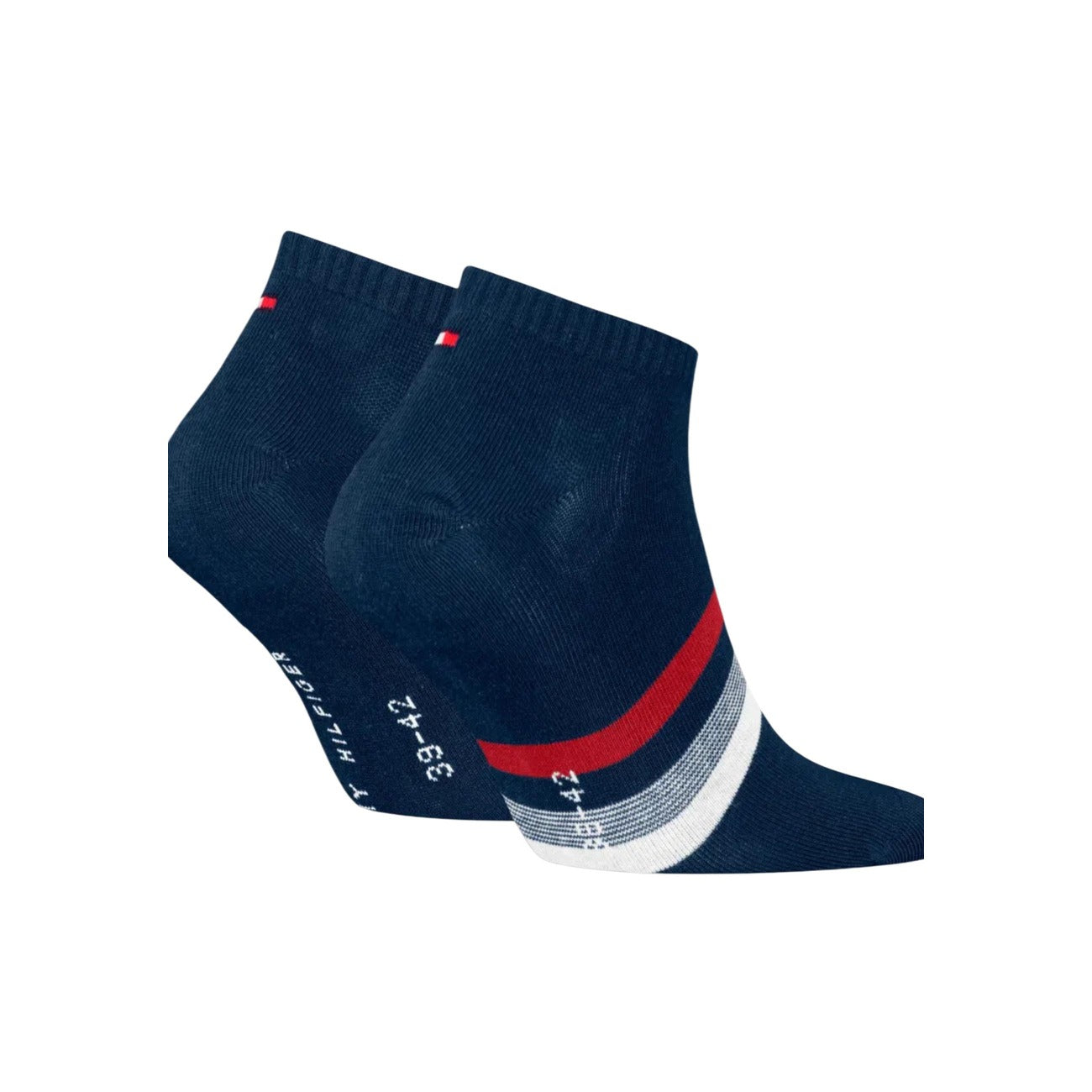 Pack 2 Paia Calzini Tommy Hilfiger Sneaker; 100% Cotone, Colore Blu Navy. Logo ricamato, dettagli a contrasto, traspirabilità eccellente. Stile casual premium per sneakers. Vista posteriore 