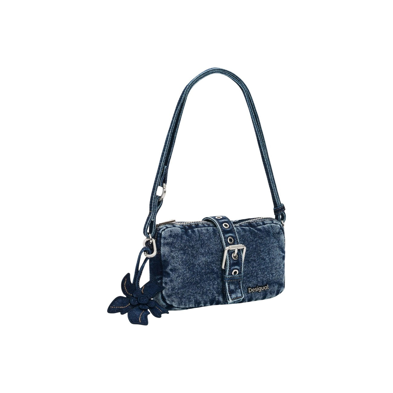 Borsa piccola in denim da donna Desigual MONE_CURIO. Realizzata interamente in poliestere con dettaglio floreale. Tracolla e chiusura con zip. Vista frontale Laterale 