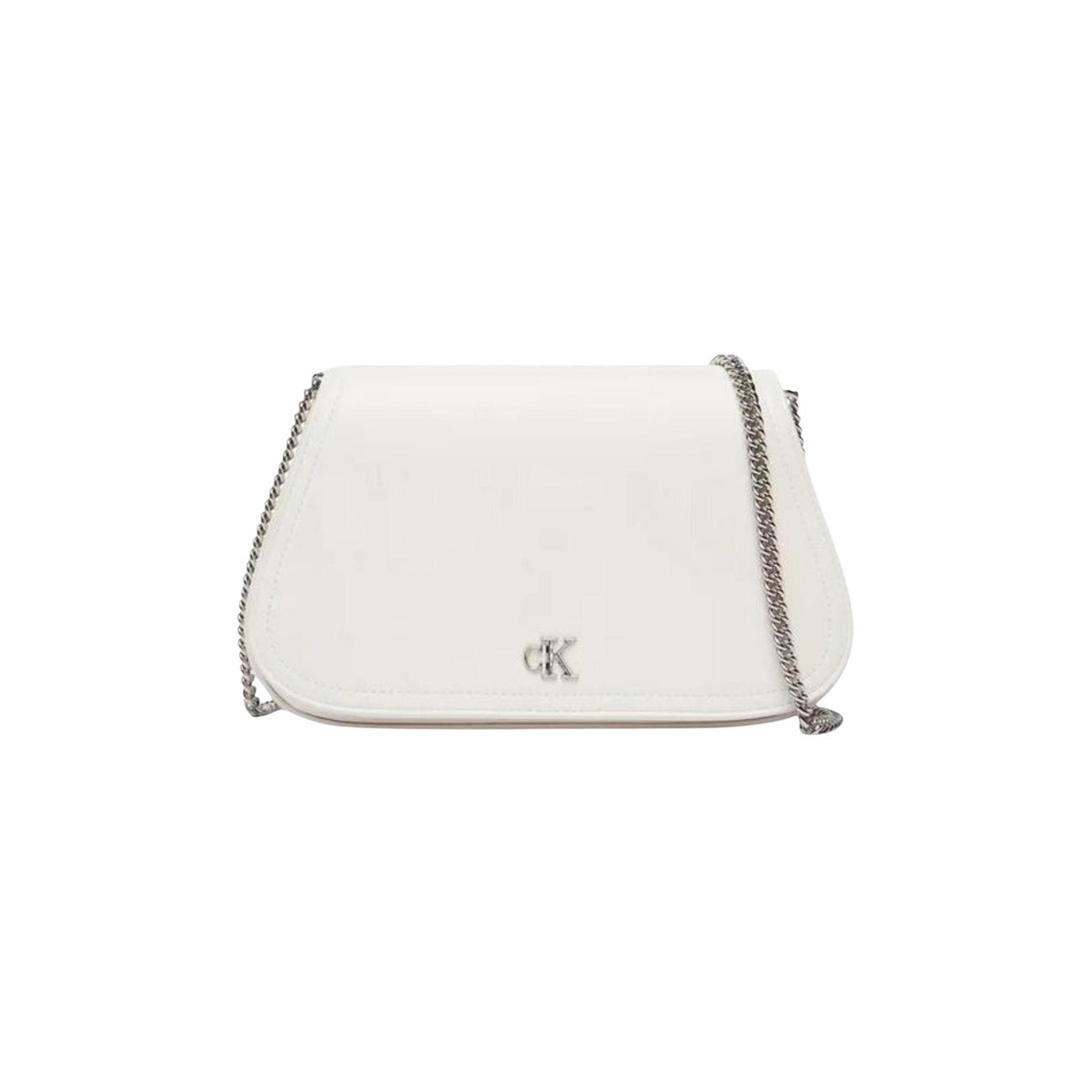 Borsa da sera Calvin Klein dal design curvo e sofisticato; realizzata in 51% poliestere riciclato. Accessorio elegante con dettagli  e chiusura sicura, ideale per eventi formali. Colore bianco vista frontale 