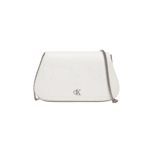 Borsa da sera Calvin Klein dal design curvo e sofisticato; realizzata in 51% poliestere riciclato. Accessorio elegante con dettagli  e chiusura sicura, ideale per eventi formali. Colore bianco vista frontale 