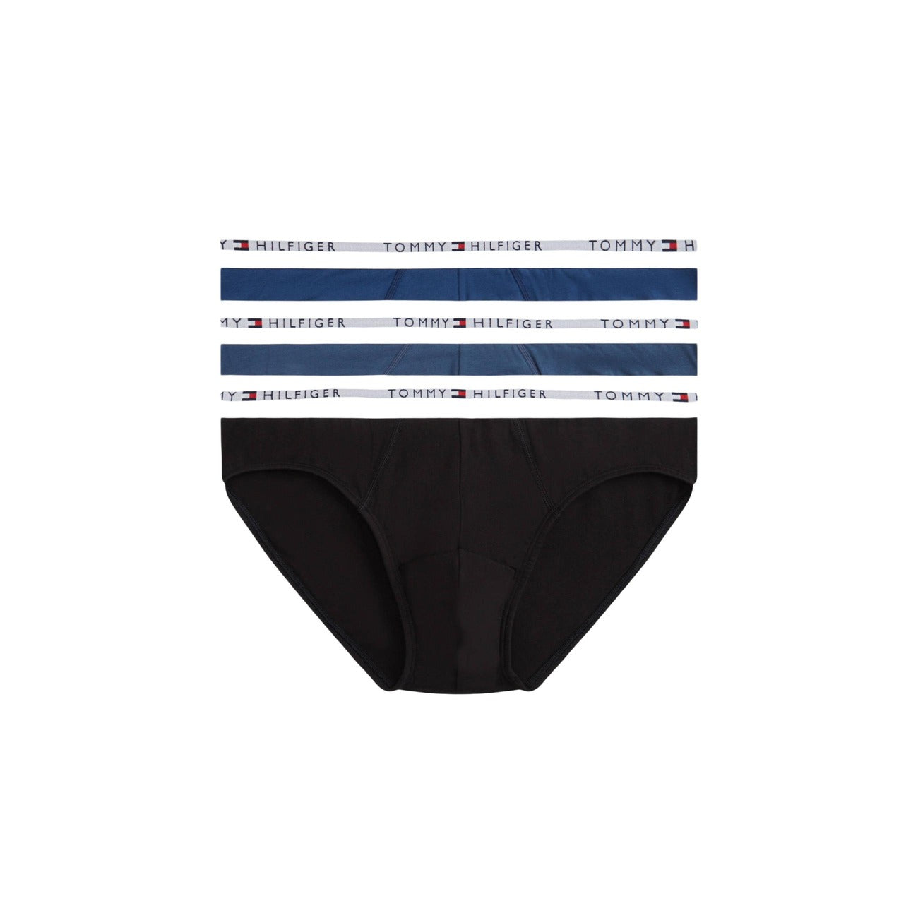 Pack 3 Slip Tommy Hilfiger; 1 Nero + 2 Blu. 95% Cotone Rigenerato, elastico logato a contrasto, vestibilità stretch. Biancheria intima eco-responsabile, traspirante e resistente. Vista confezione 