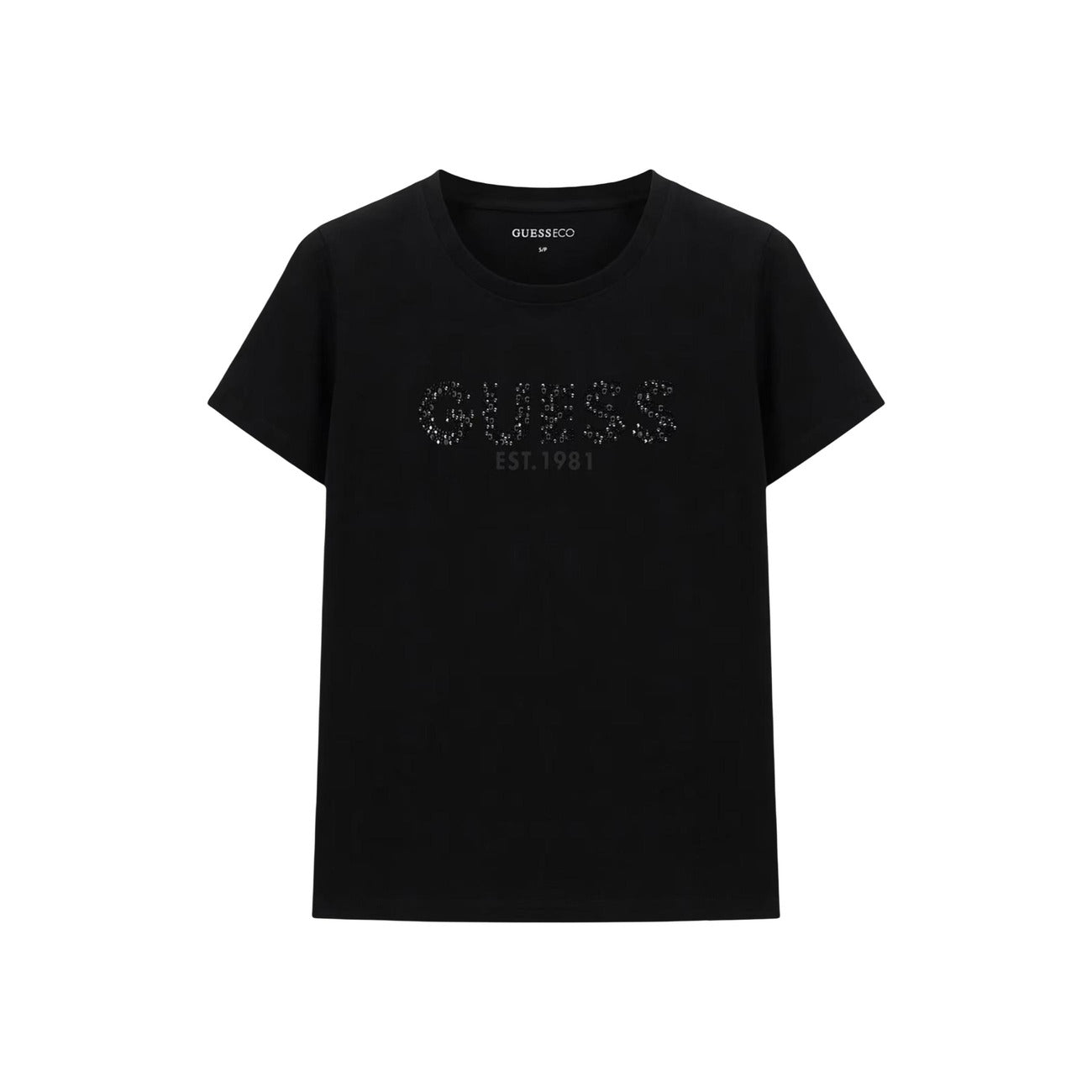 T-shirt Guess Nera con Strass; 100% Cotone. Logo script luminoso, maniche corte, scollo tondo. Vestibilità regolare, stile glamour-casual. Ideale per ogni occasione. Vista frontale Stesa 