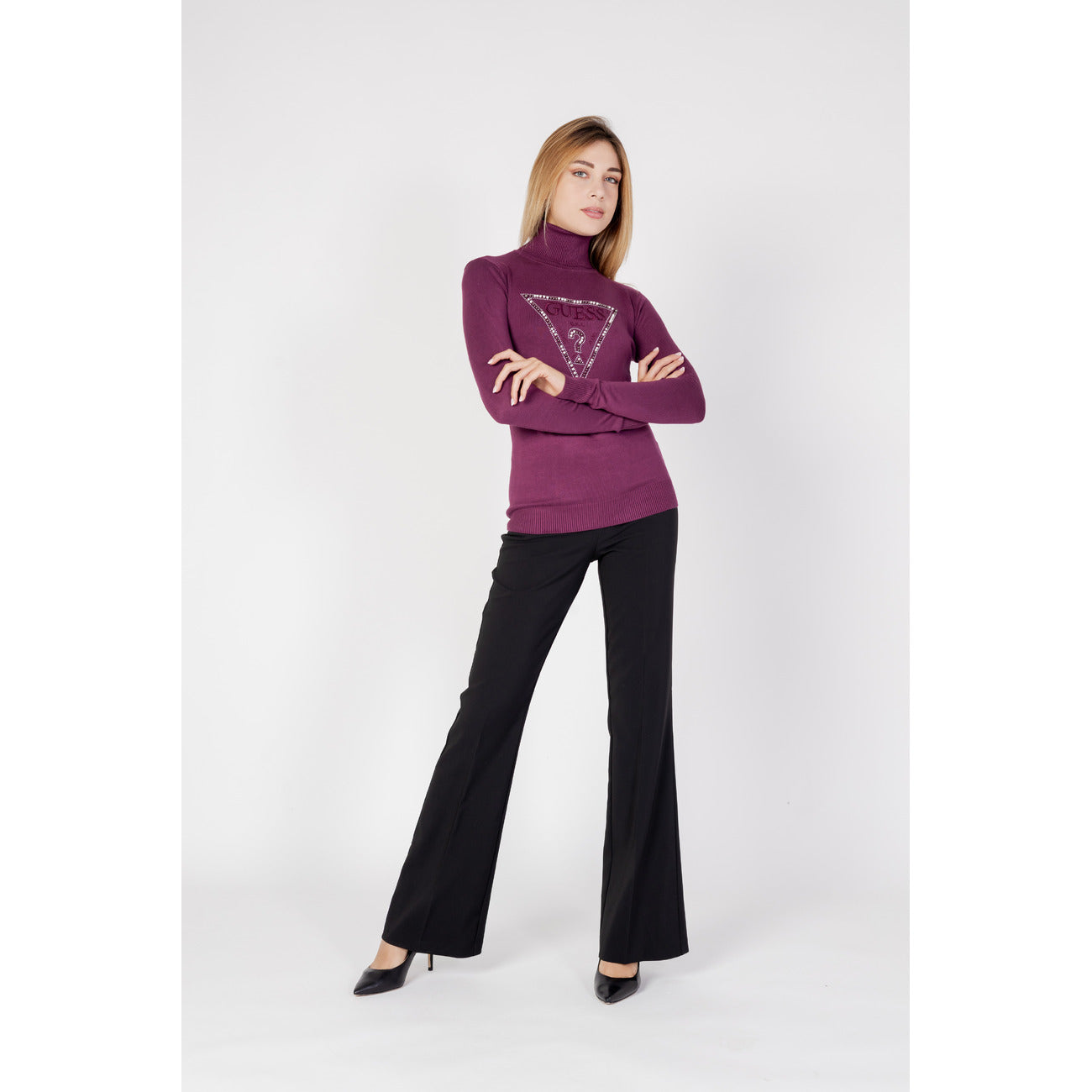 Guess Maglia Donna Viola in 82% Viscosa 16% Poliammide 2% Elastan a Manica Lunga con Scollo Alto W3BR23Z2NQ2