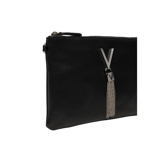 Valentino nera Bags Divina VBS1R419G, pochette con tracolla a catena e nappina dorata; design effetto martellato con chiusura a zip, accessorio versatile per cerimonie o uso quotidiano. Vista frontale Dettaglio logo 