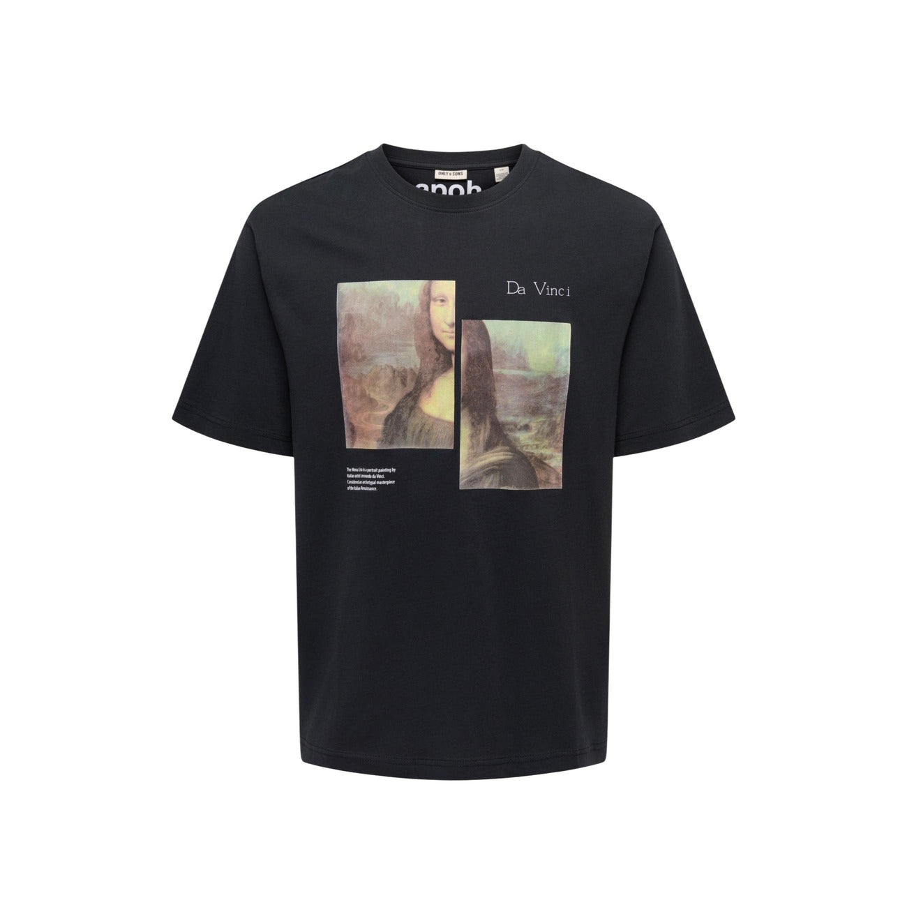 Only & Sons T-shirt nera ONSMONALISA; maglietta grafica relaxed fit in jersey di cotone elasticizzato, stile casual ironico e massimo comfort per l'uso giornaliero. Vista stesa