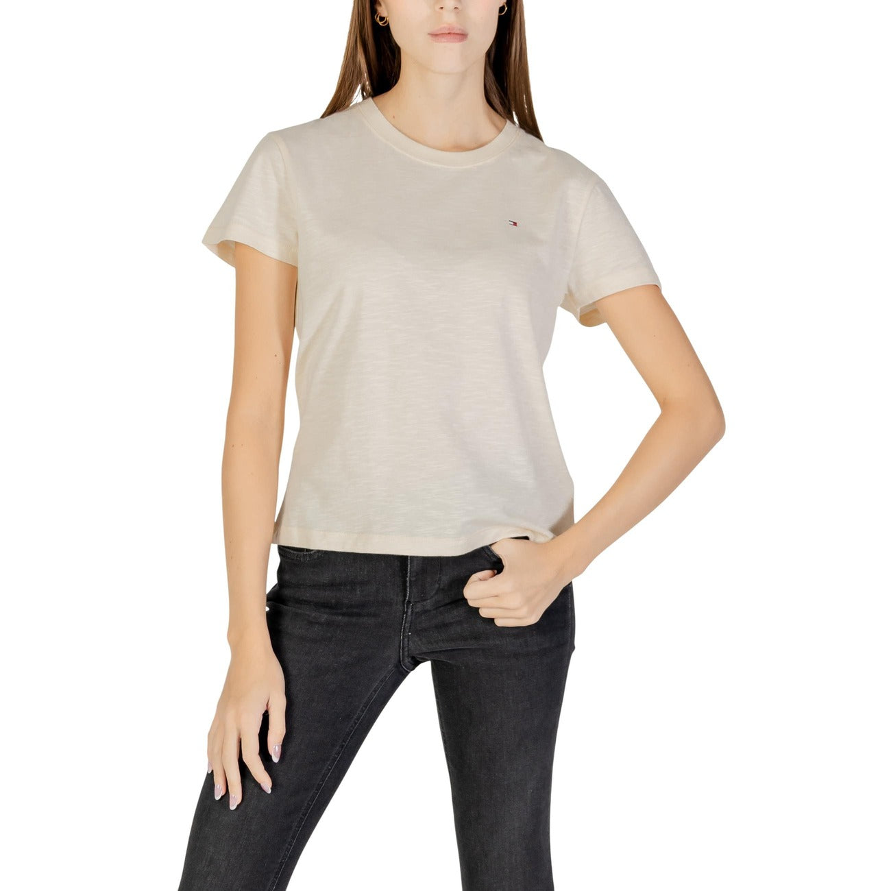 Tommy Hilfiger Jeans T-Shirt Donna Beige Maniche Corte - T-Shirt Cotone Scollo Tondo