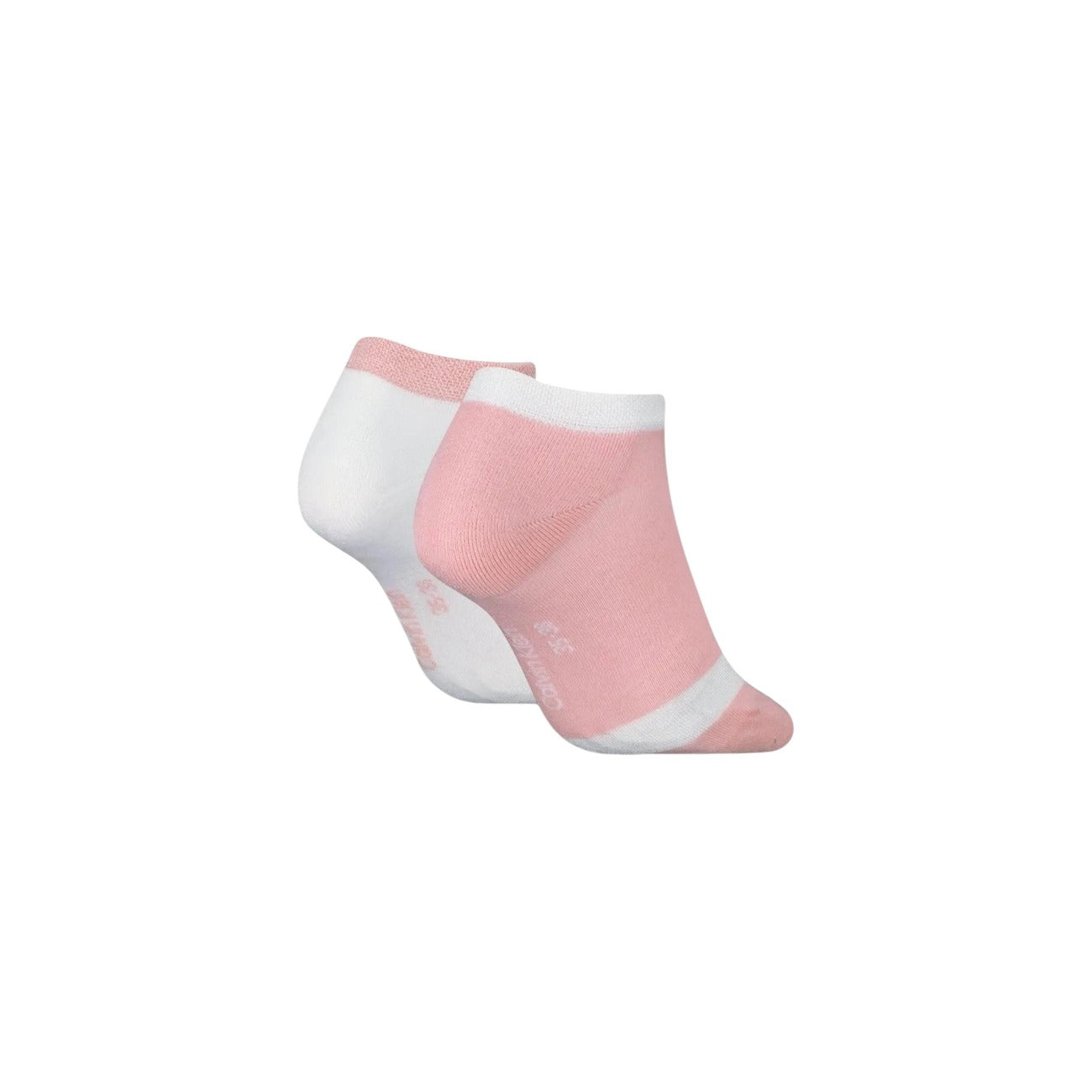 Pack 2 Paia Calze Sneaker CK Jeans Glossy; Bianco/Rosa. 63% Cotone, 10% Viscosa, 27% Fibre tecniche. Effetto leggermente lucido, logo tono su tono, vestibilità comfort 4 stagioni. Posteriore 
