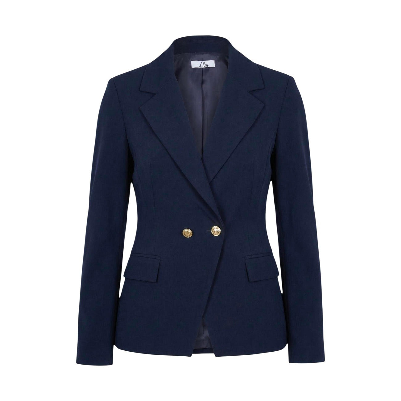 Blazer Doppiopetto I AM; 88% Poliestere, 12% Elastan. Blu Navy, bottoni oro, Slim Fit, revers a lancia. Giacca donna elegante, stretch e antipiega, Made in Italy. Vista frontale stesa 