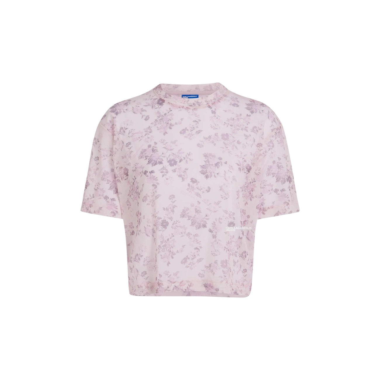 T-shirt Mesh Karl Lagerfeld Jeans; Rosa Floreale. Tessuto a rete trasparente, 95% Poliestere, 5% Elastan. Taglio squadrato con spacchetti laterali. Lavabile a 30°C, stile iconico e moderno. Vista stesa 