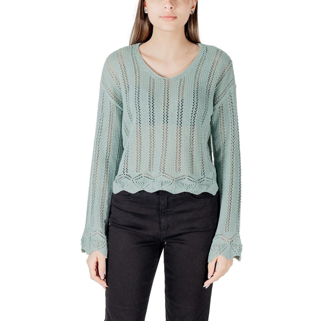 Only Maglia Donna Verde in 60% Cotone Organico 40% Poliestere a Manica Lunga con Scollo a V 15339529