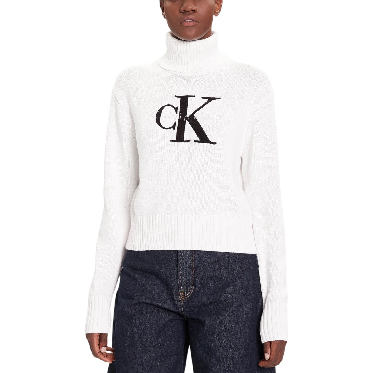 Calvin Klein Jeans Maglia Donna Bianca con Stampa Maniche Lunghe Scollo Alto - Maglia Acrilico Cotone