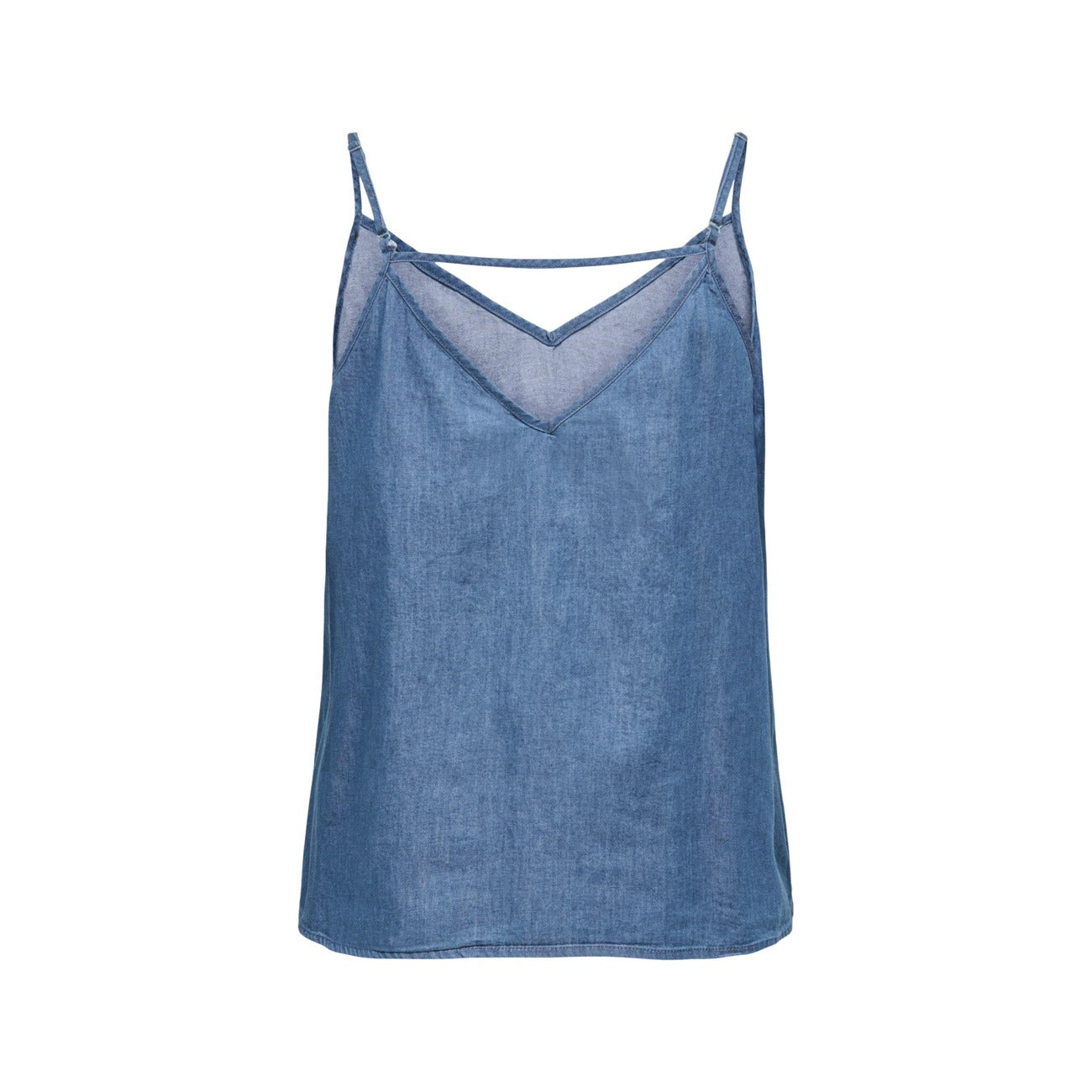 Canotta Only Onlnova Blu; 100% Cotone. Scollo a V, spalline regolabili, vestibilità svasata. Top leggero estivo stile casual. Disponibile in blu tinta unita. Vista posteriore stesa