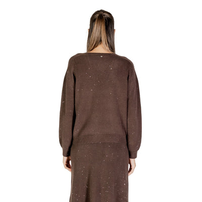 Liu Jo Maglia Donna Marrone con Strass Maniche Lunghe Scollo a V - Maglia Viscosa Poliestere Poliammide