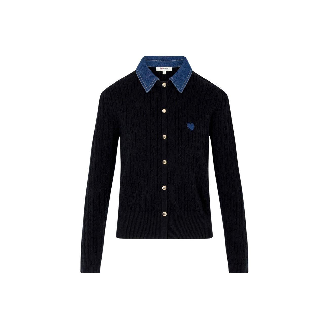 Maglione donna con colletto a revers Morgan De Toi 262-MROSALA. Maglia sottile aderente a maniche lunghe in poliestere e viscosa con bottoni frontali.