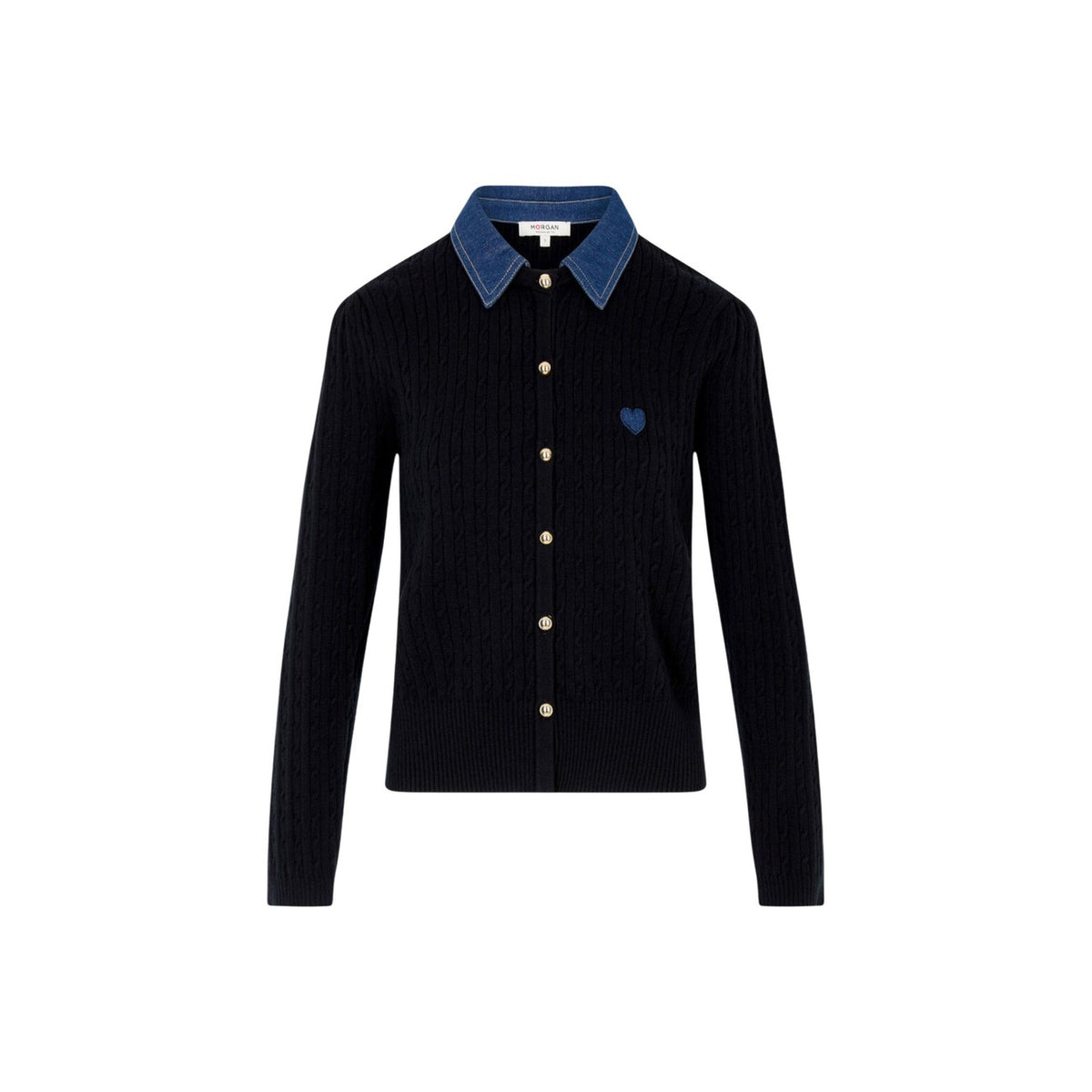 Maglione donna con colletto a revers Morgan De Toi 262-MROSALA. Maglia sottile aderente a maniche lunghe in poliestere e viscosa con bottoni frontali.
